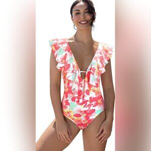 SPORLIKE Women's One Piece Swimsuit V-Neck Ruffle Size XL NWT